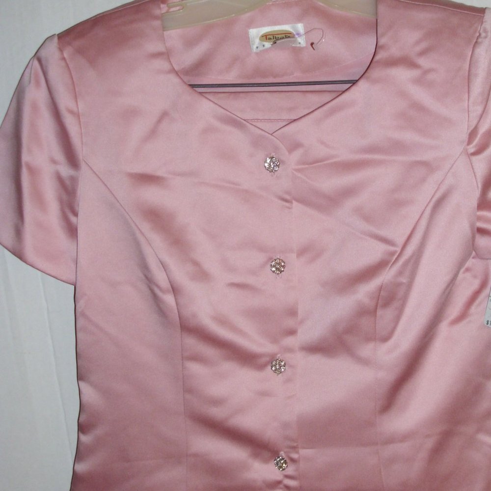 Pink Satin Silk Classic Jacket & Skirt Rhinestone Crystal Buttons  Suit 4p